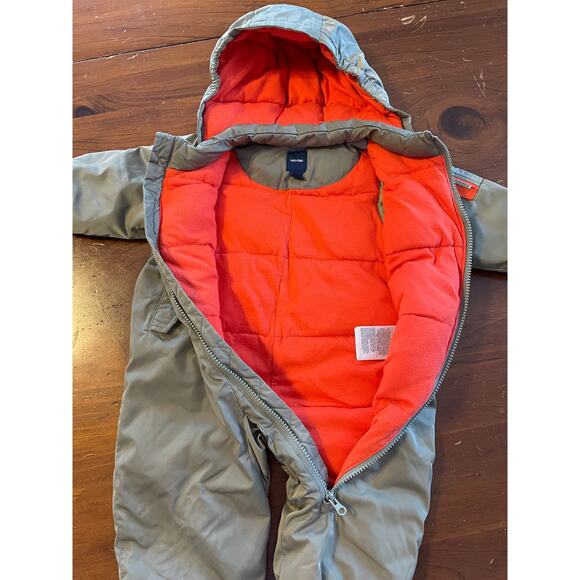 Baby Gap 12-18 Months Snowsuit Hooded One Piece Olive Green Orange Pockets Flaws - Picture 6 of 16